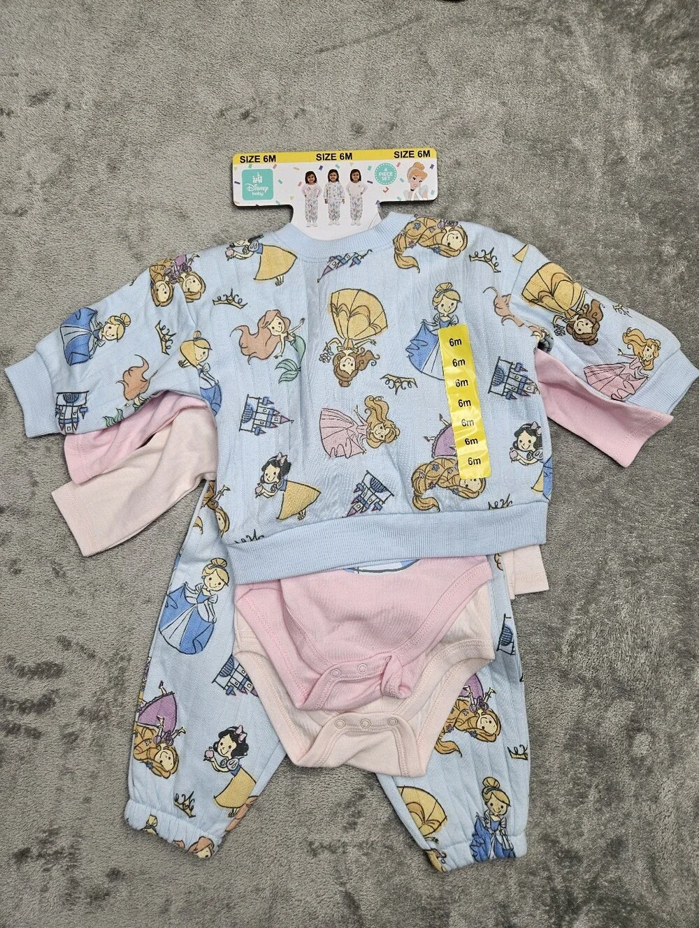 Disney Princess 3-Piece Baby Outfit Set Size 6M Blue Pink Belle Cinderella Snow